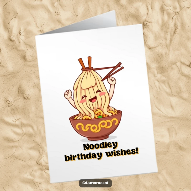 Funny Free Printable Birthday Card: A smiling ramen noodle character playfully loops with chopsticks, ready to party.