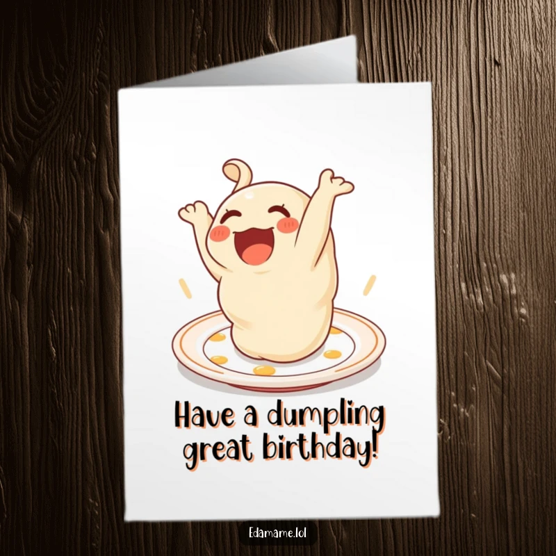 Funny Free Printable Birthday Card: A delighted dumpling character performing a cheerful somersault on a decorative plate.