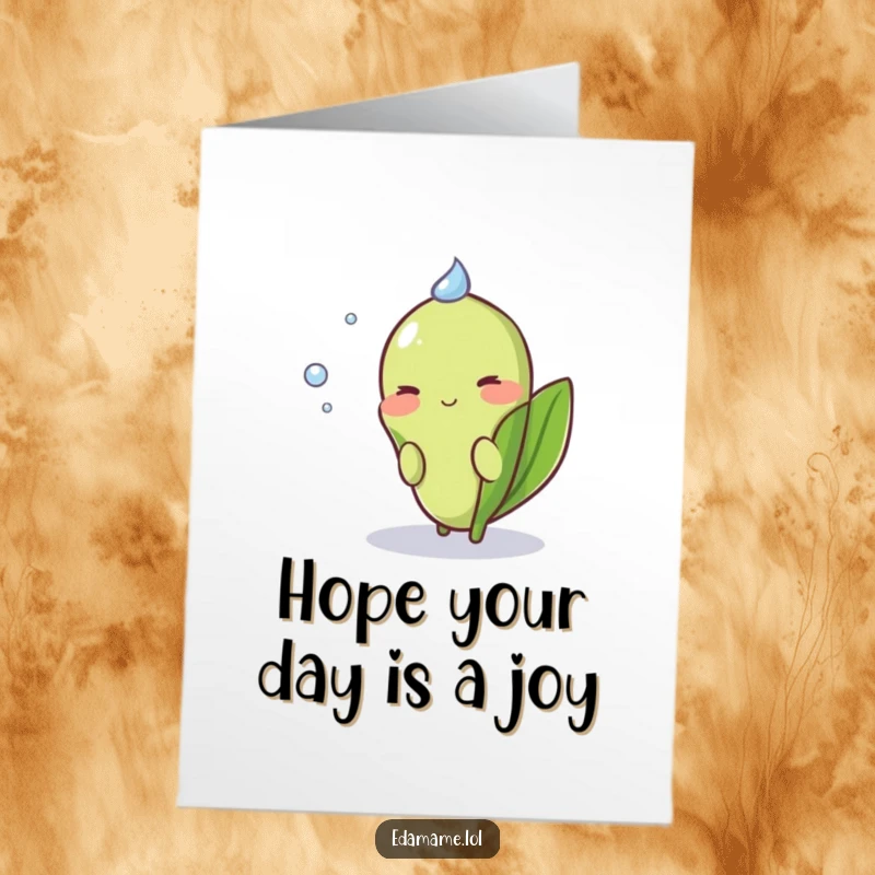 Funny Free Printable Birthday Card: a shy edamame pod peeking from behind a dewdrop, blushing sweetly.
