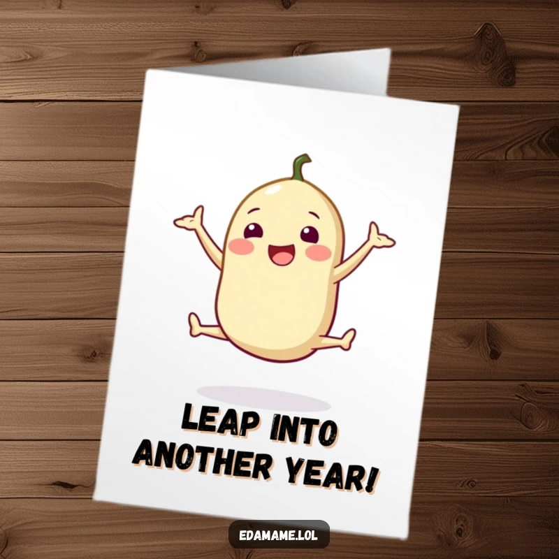 Funny Free Printable Birthday Card: A happy edamame pod doing a cheerful split jump, full of birthday spirit.