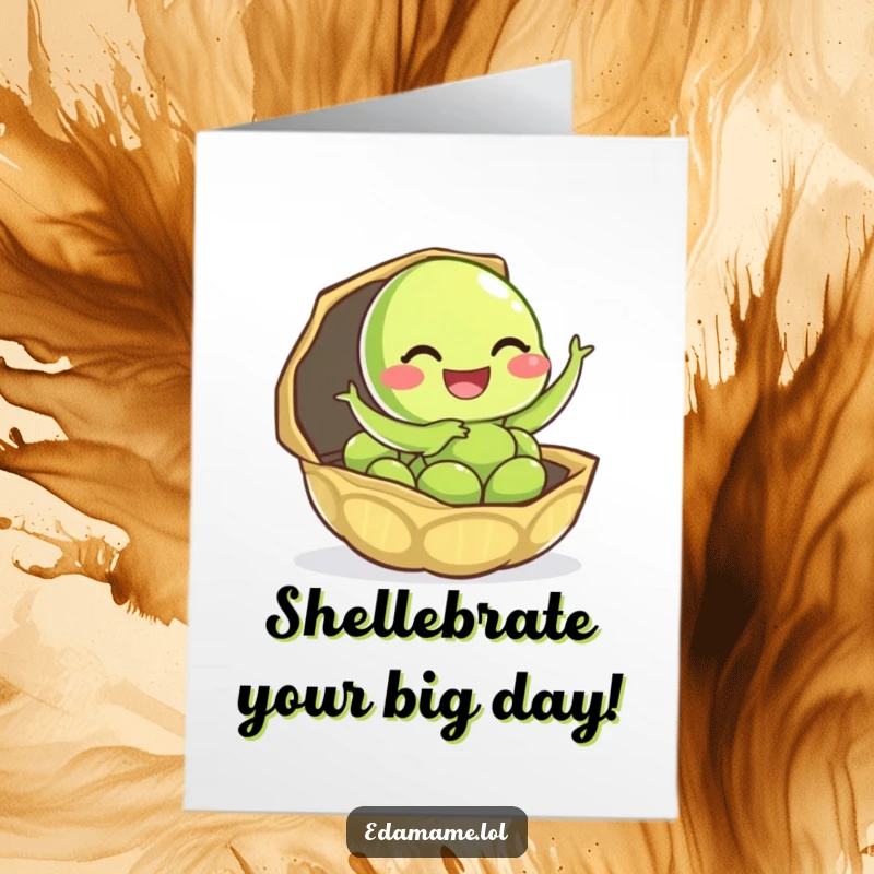 Funny Free Printable Birthday Card showing a giggling edamame pod joyfully leaping out of its shell, celebrating a happy occasion.