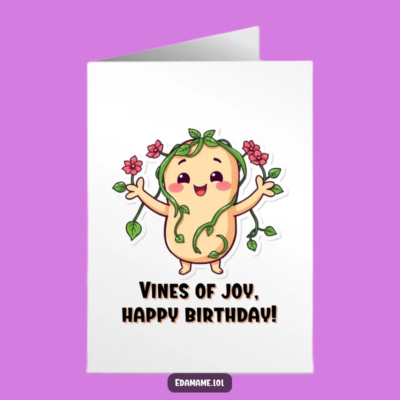 Free Printable Birthday Card: Vine-Armed Bean Waves Happy Birthday Downloadable Gift