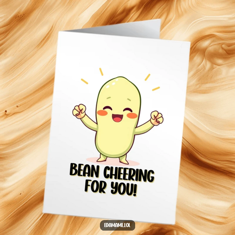 Funny Free Printable Congratulations Card: A triumphant edamame bean character raising tiny fists, celebrating a major achievement.
