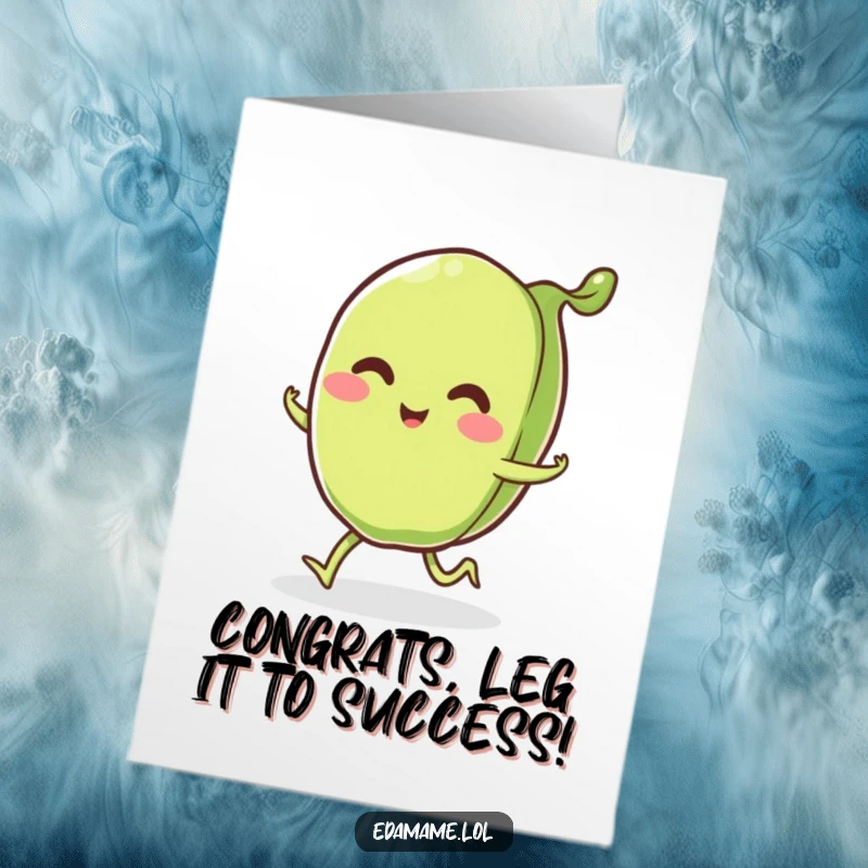 Funny Free Printable Congratulations Card: A smiling edamame pod with little legs is happily skipping along, celebrating.
