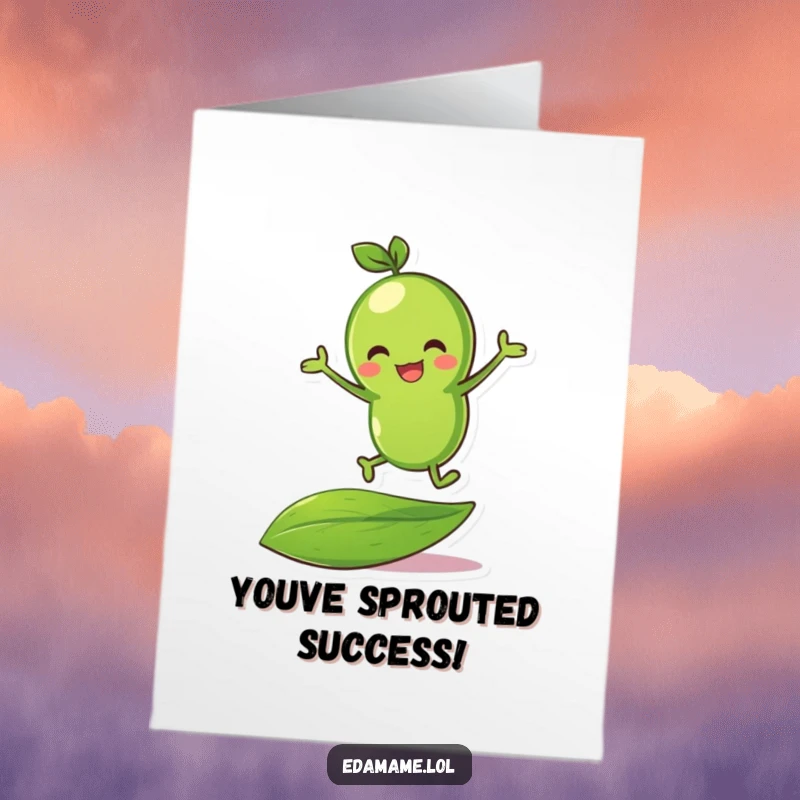 Funny Free Printable Congratulations Card: A happy green bean character mid-bounce on a leaf, celebrating success with enthusiasm.