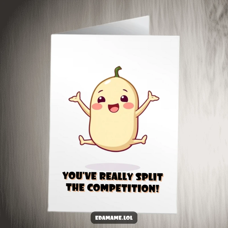 Funny Free Printable Congratulations Card: A happy edamame pod doing a split jump, celebrating a big win.