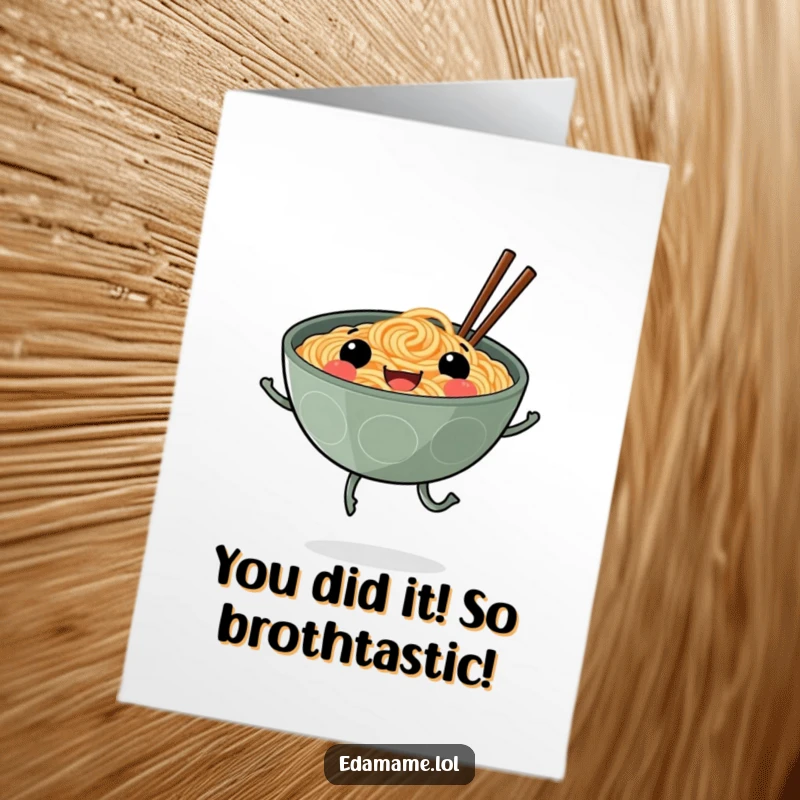 Funny Free Printable Congratulations Card: A happy ramen bowl with legs joyfully skips, celebrating a special achievement with cheer.