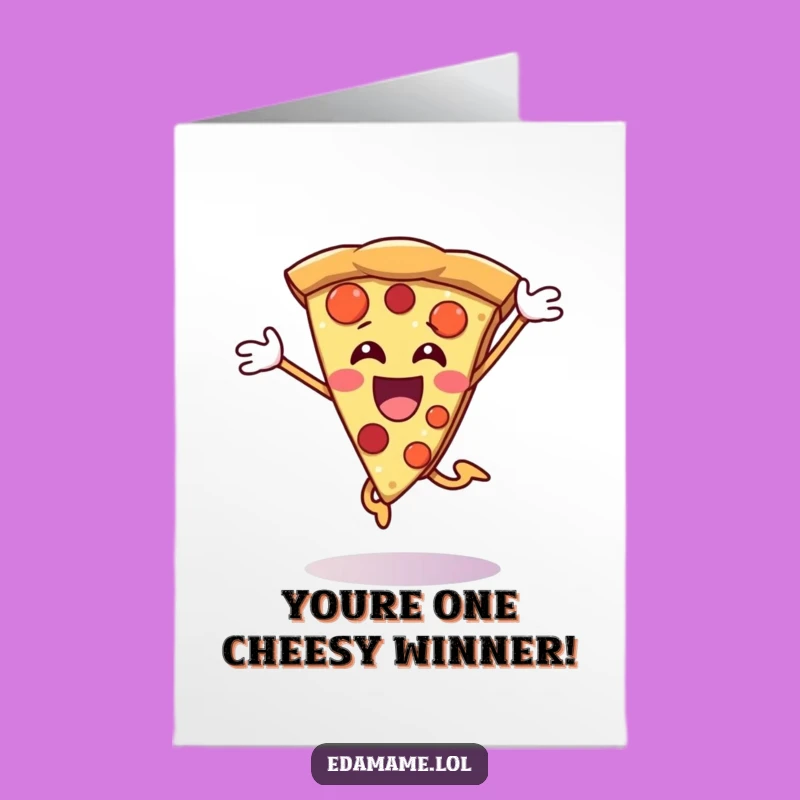 Free Printable Congrats Card: Jumping Pizza Slice, Cheerful Downloadable Greeting for Success