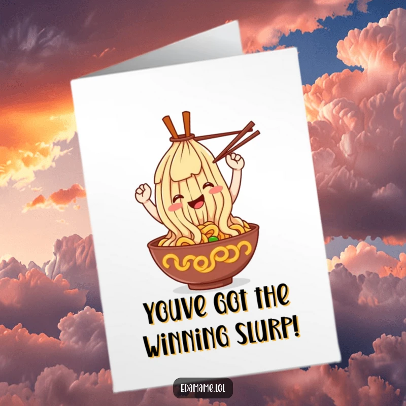 Funny Free Printable Congratulations Card: A smiling ramen noodle character performs a playful loop with chopsticks, celebrating victory.