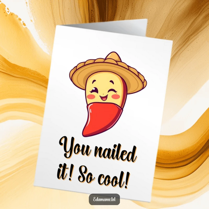 Funny Free Printable Congratulations Card: A winking taco character wearing a sombrero slides down a chili pepper to celebrate.