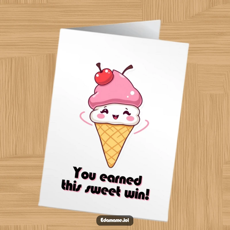 Funny Free Printable Congrats Card: A cheerful ice cream cone with a cherry hat spinning in celebration.