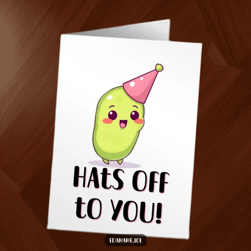 Funny free printable congratulations card of an edamame pod in a party hat, looking thrilled about good news.