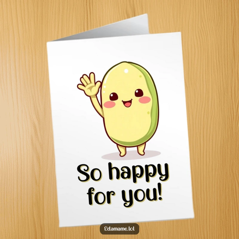 Funny Free Printable Congratulations Card: An edamame pod character with a big smile, waving enthusiastically to celebrate a win.