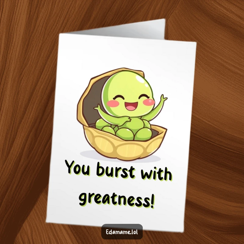 Funny Free Printable Congratulations Card featuring a giggling edamame pod making a playful leap out of its shell, celebrating success.