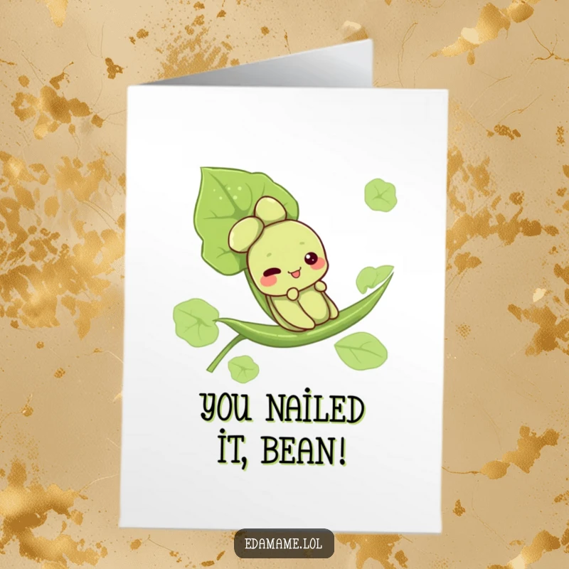 Funny Free Printable Congrats Card: Adorable edamame character gleefully slides down a leaf, symbolizing a smooth success.