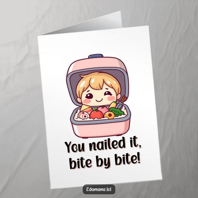 Funny Free Printable Bento Box Congratulations Card, smiling character opening with happy food, celebrating success with humor.