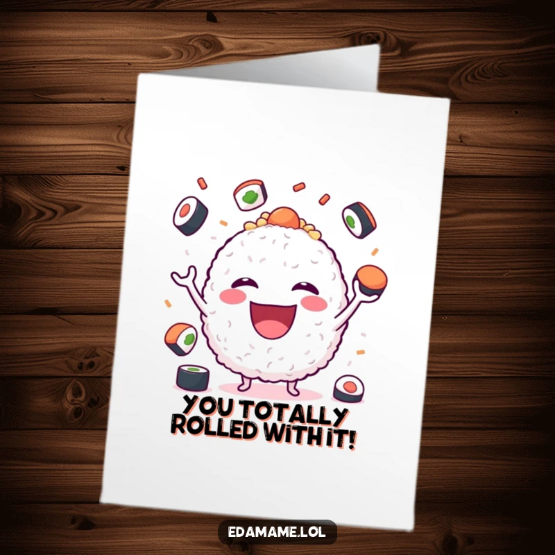 Funny Free Printable Congratulations Card: A smiling rice ball character expertly juggling sushi pieces, celebrating a big win.