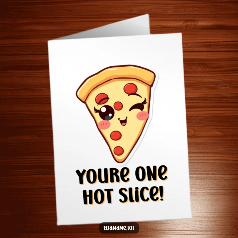 Funny Free Printable Congrats Card: A happy pizza slice with pepperoni eyes gives a cheeky wink.