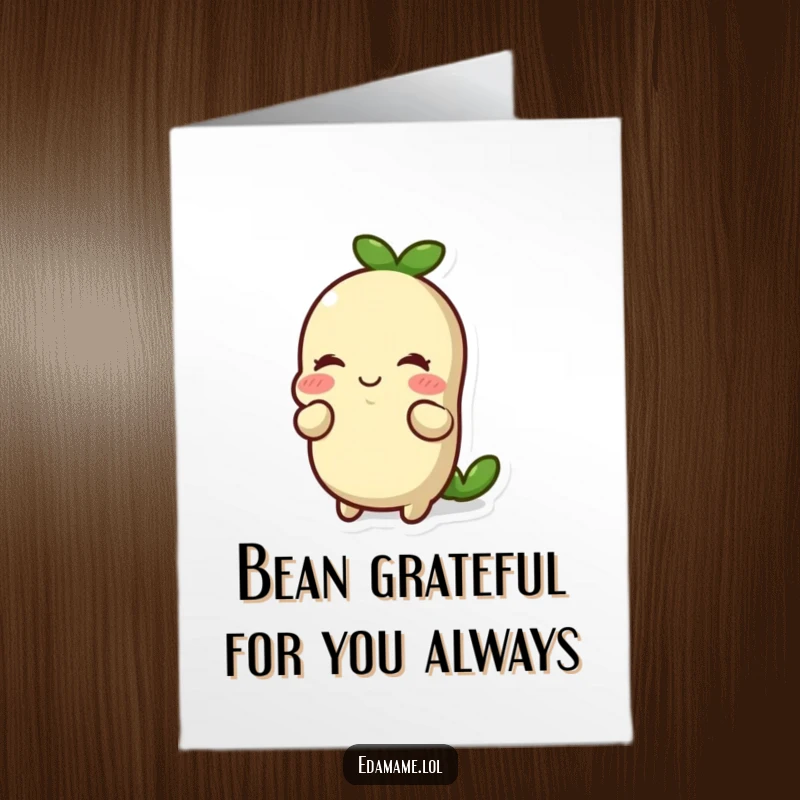 Funny Free Printable Thank You Card featuring a smiling edamame bean offering a respectful and cute bow.