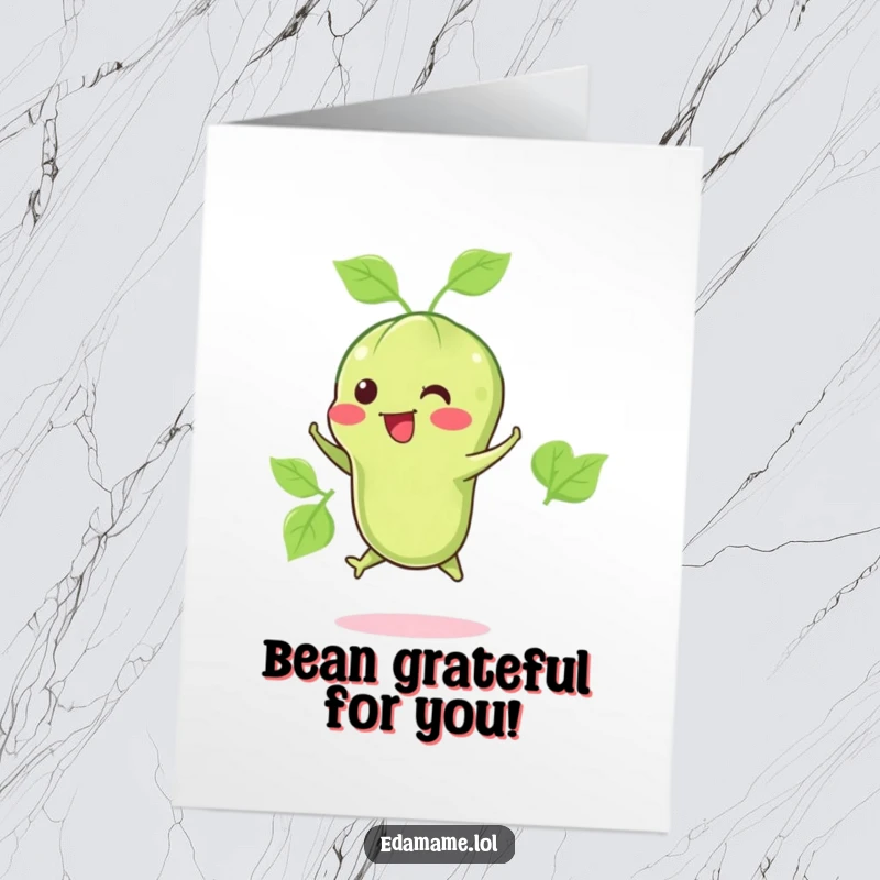 Funny Free Printable Thank You Card: A happy edamame pod does a little jump, expressing sincere and cheerful thanks.
