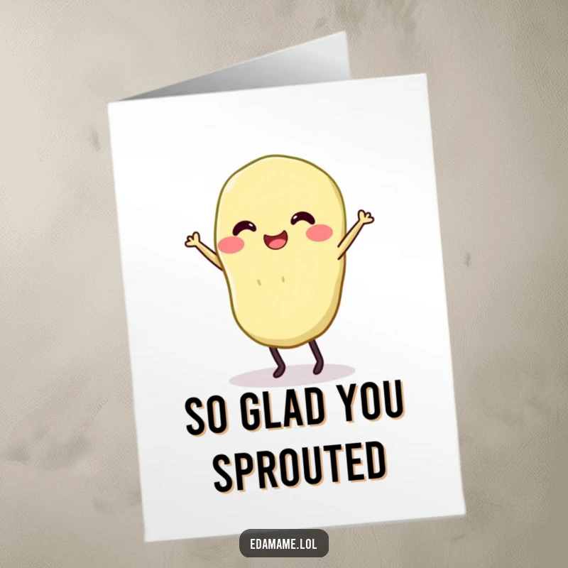 Funny Free Printable Thank You Card: A smiling edamame with legs dancing, expressing thanks with joy, downloadable art.