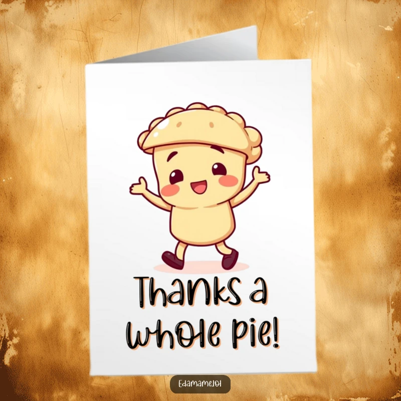 Funny Free Printable Thank You Card: A happy pie character is caught mid-jig, expressing thanks in a wonderfully sweet and comical way.