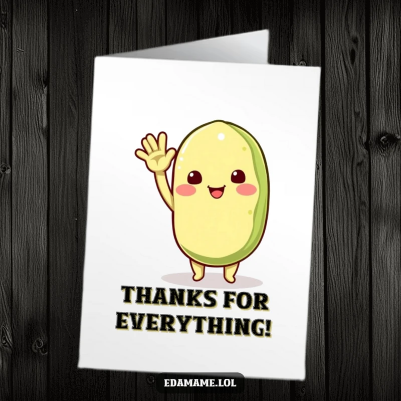 Funny Free Printable Thank You Card: A smiling edamame pod character enthusiastically waving, expressing sincere thanks with warmth.