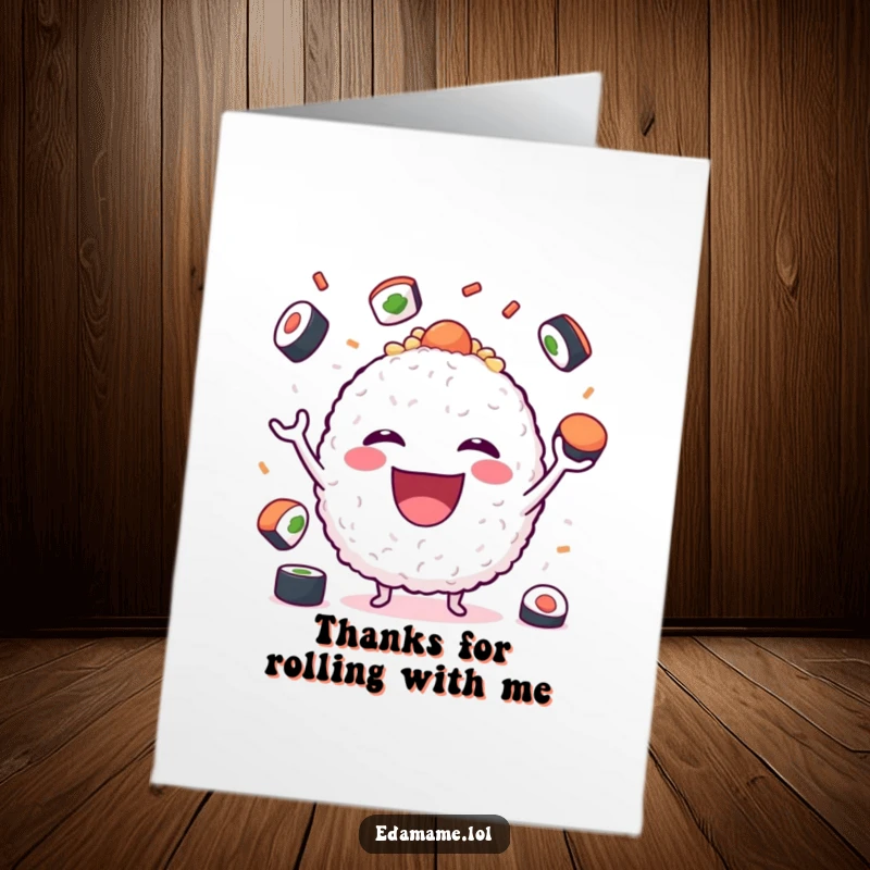 Funny Free Printable Thank You Card: A happy rice ball character juggling sushi, sending heartfelt thanks with a grin.