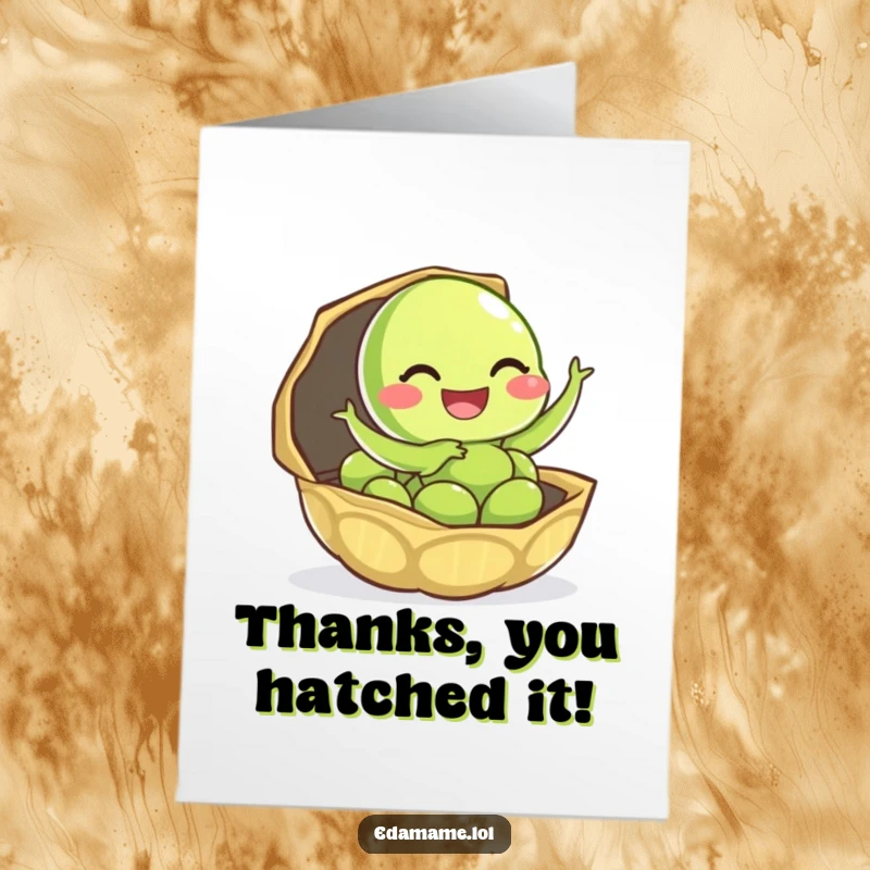 Funny Free Printable Thank You Card with a giggling edamame pod leaping gleefully from its shell, conveying heartfelt thanks.