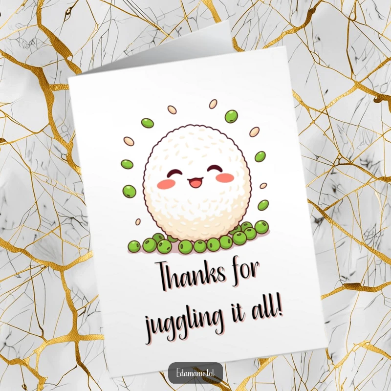 Funny Free Printable Thank You Card: A smiling rice ball juggles peas, sending a cheerful thank you your way.