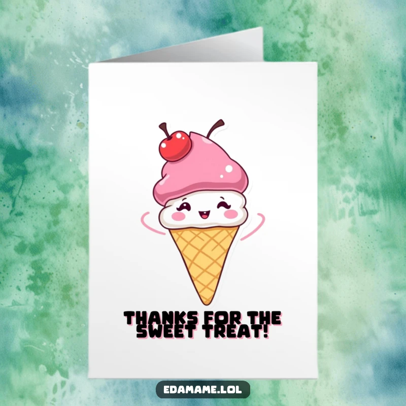 Funny Free Printable Thank You Card: A happy ice cream cone wearing a cherry hat spins with thanks.