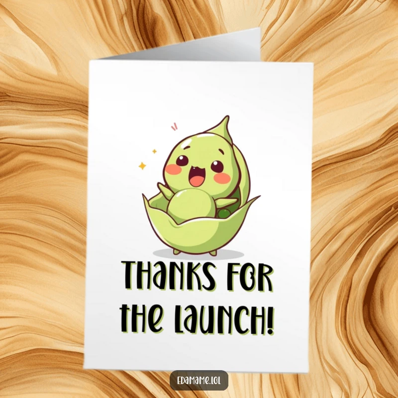 Funny Free Printable Thank You Card featuring a wide-eyed edamame bean unexpectedly launched from its pod, conveying thanks with humor.
