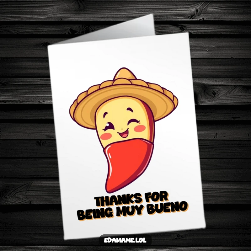 Funny Free Printable Thank You Card: A winking taco with a sombrero slides down a chili pepper, offering a spicy thank you.