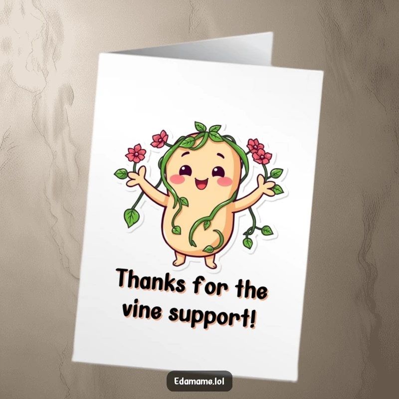 Funny Free Printable Thank You Card: A happy bean character with vine arms waving a thankful greeting.