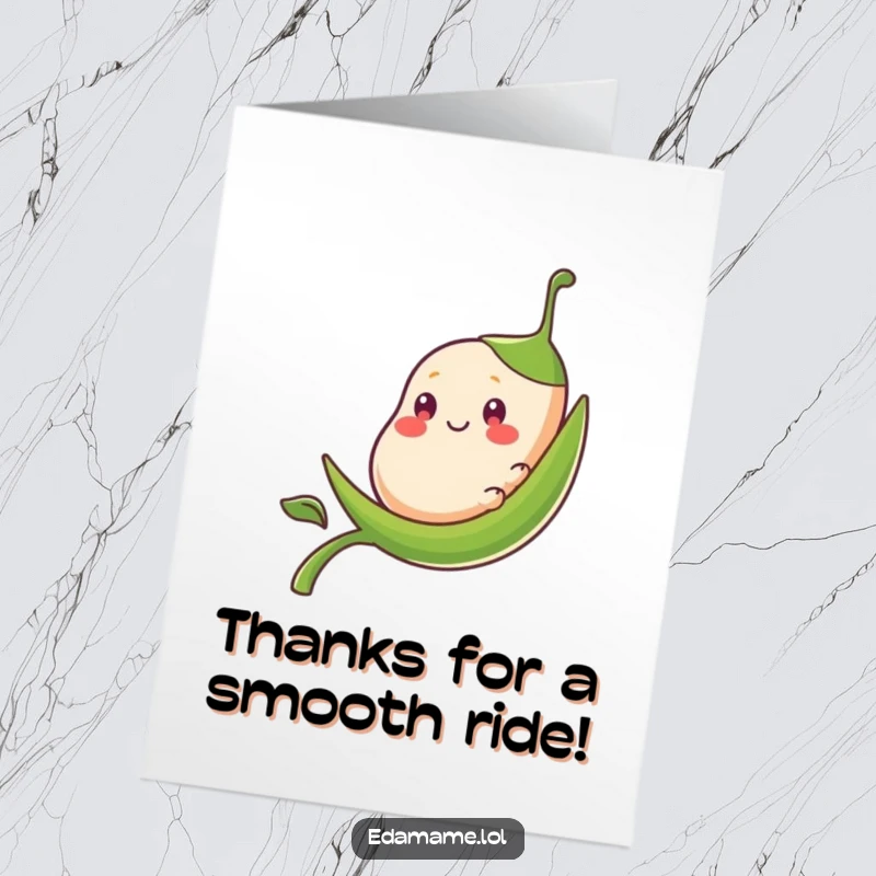 Funny Free Printable Thank You Card: A smiling bean pod character sliding down a stalk, conveying thanks in a quirky way.