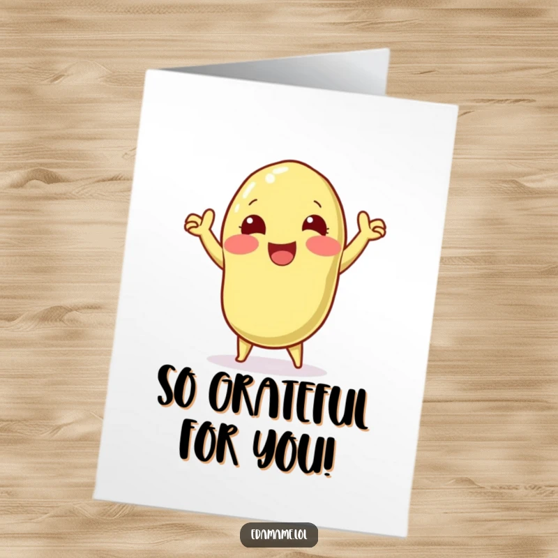 Funny Free Printable Thank You Card: An ecstatic edamame pod character doing a victory dance, expressing heartfelt thanks with joy.