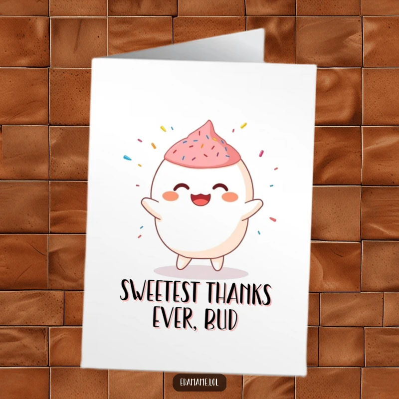 Funny Free Printable Thank You Card: A giggling mochi character performing a little dance with sprinkles flying, saying thanks.