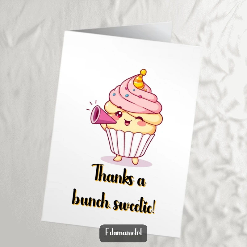 Funny free printable thank you card showing a cheerful cupcake character blasting a party horn to express gratitude.