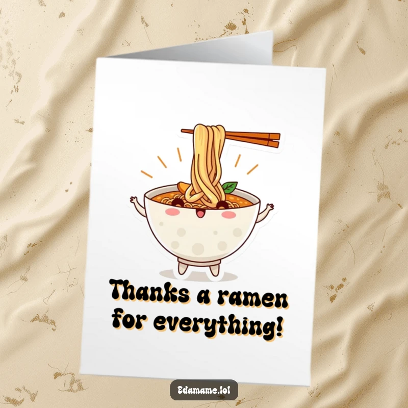 Funny Free Printable Thank You Card with a cheerful ramen bowl and noodles dancing, perfect for a unique expression of thanks.