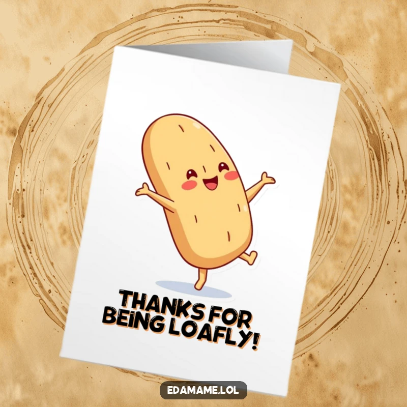 Funny Free Printable Thank You Card: A happy baguette performs a cartwheel with a crusty, thankful smile.