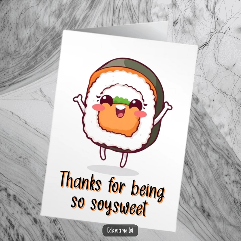 Funny Free Printable Thank You Card: A cheerful sushi roll with a face does a playful dance, offering a unique thank you.