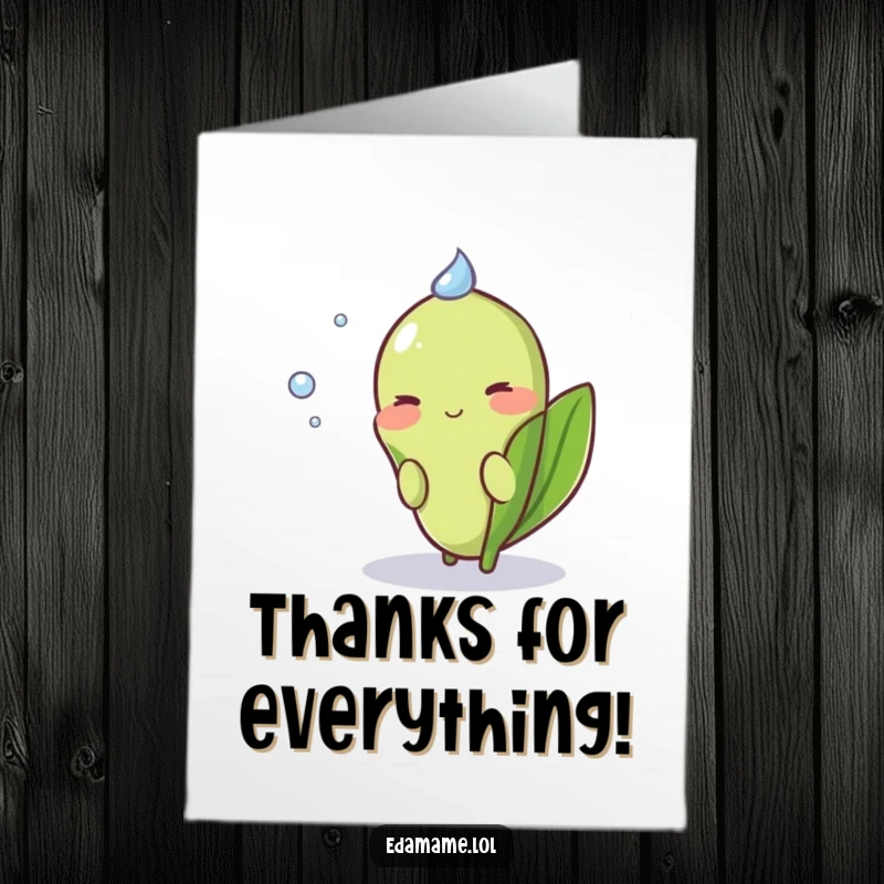 Funny Free Printable Thank You Card: a shy edamame pod peeking shyly, blushing with sincere appreciation.