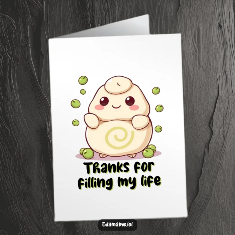 Funny Free Printable Thank You Card: A happy dumpling with a swirl pattern juggles tiny peas, offering a unique thank you.