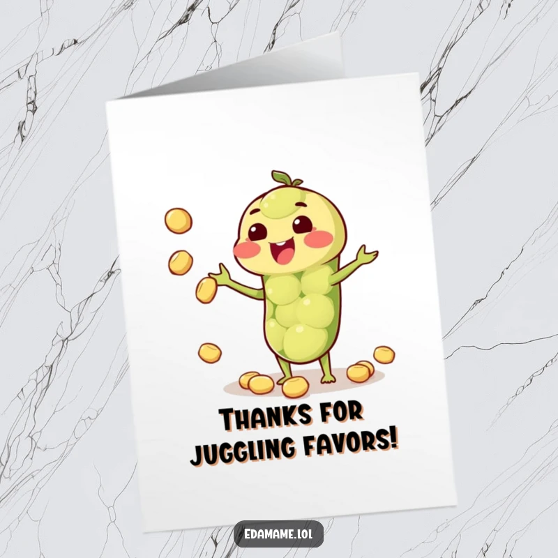 Funny free printable thank you card featuring a happy edamame pod juggling smaller beans with a thankful expression.