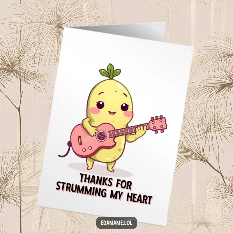 Funny Free Printable Thank You Card: Edamame bean playing a tiny guitar, sending musical thank you notes