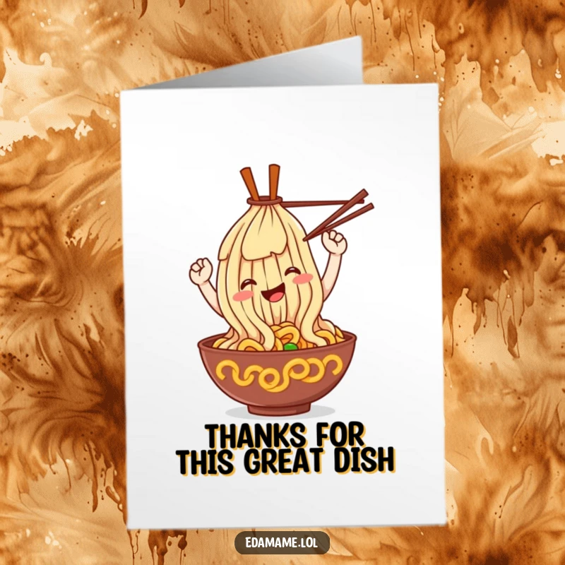 Funny Free Printable Thank You Card: A smiling ramen noodle character does a playful loop with chopsticks, sending thanks.