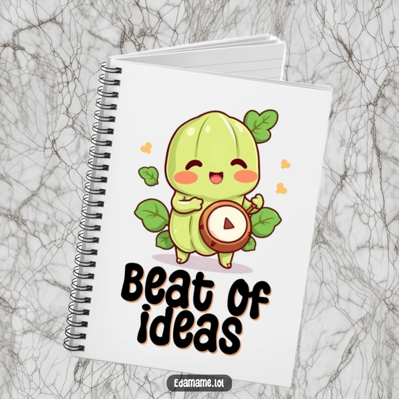 Funny edamame notebook with a happy character playing a tiny drum, ideal for jotting down musical ideas.