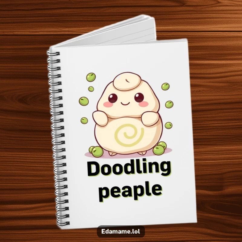 Funny notebook featuring a happy dumpling with a swirl pattern juggling peas, perfect for jotting down creative ideas and culinary plans.