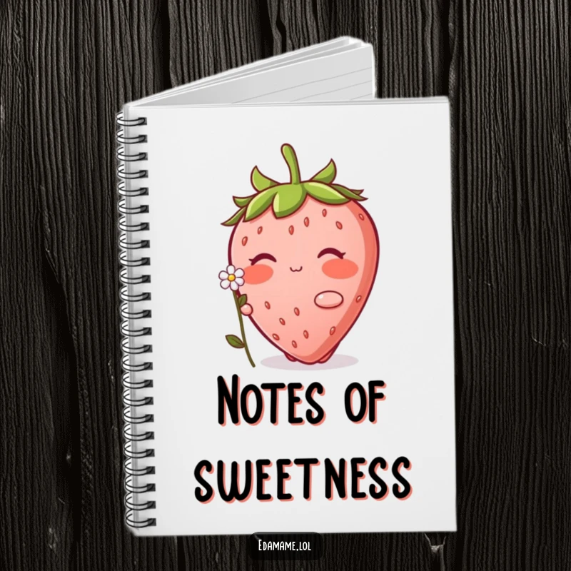 Funny Strawberry Notebook: A whimsical notebook with a blushing strawberry character offering a tiny flower, inspiring sweet thoughts.