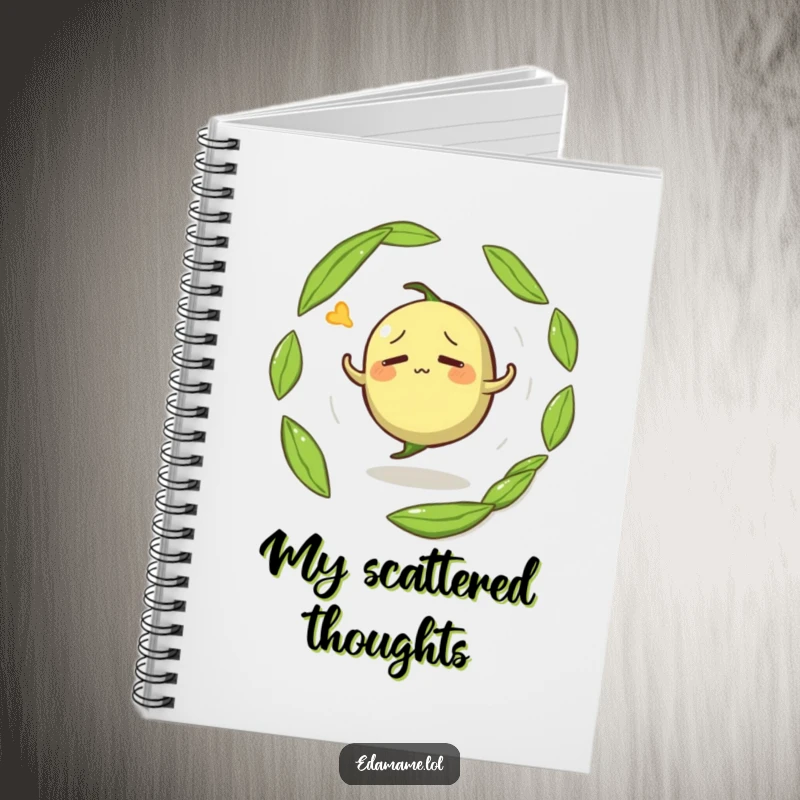 Funny notebook showcasing a confused anthropomorphic edamame pod spinning in circles, perfect for note-taking and journaling.